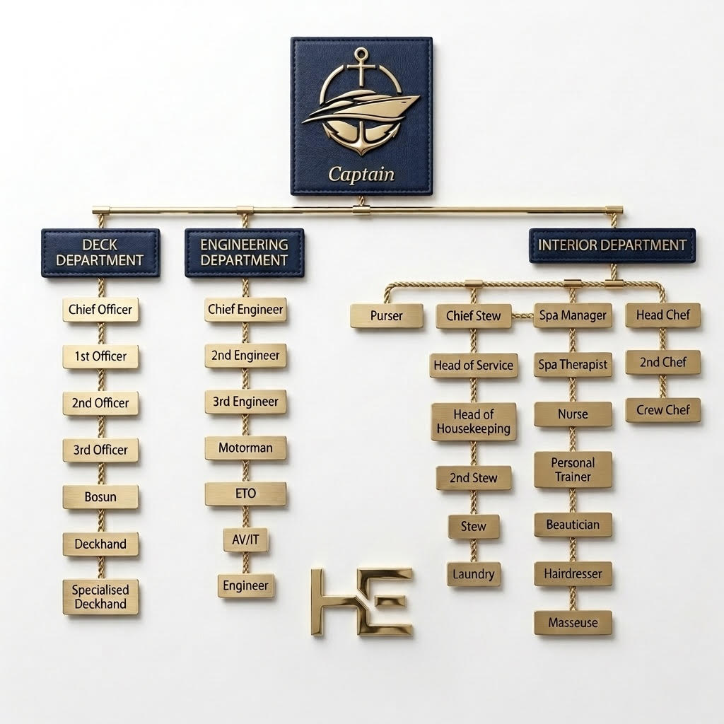 Yacht crew structure infographic showing Captain, Deck, Engineering and Interior departments